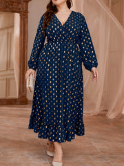 Plus Dot Print Long Sleeve Maxi Dress