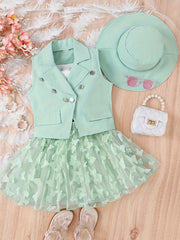 Girls 3pcs Lapel Vest Top & Mesh Tutu Skirt & Hat Summer Set
