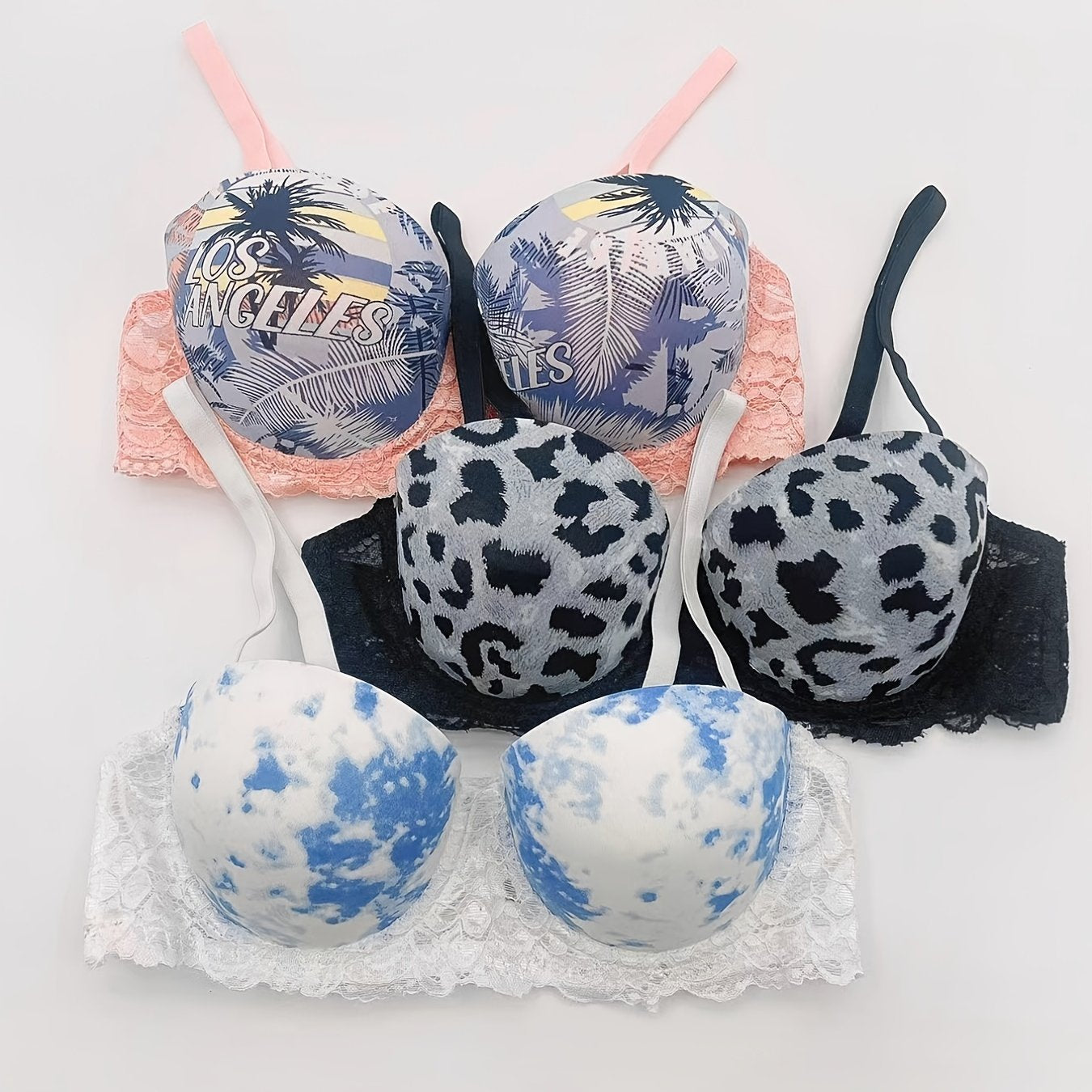 3 Pcs Women's Printed Cup Bras Top Thin Bottom Underwire Bra