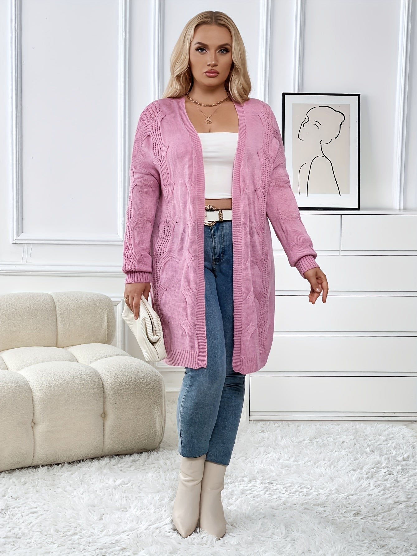 Casual Cardigan Women's Plus Solid Jacquard Long Sleeve Open Front
