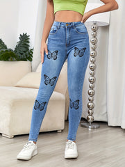Butterfly Print High Waist Denim Pants Medium Skinny Jeans