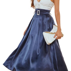Solid Satin Midi Skirt High Waist Pleated Swing Style