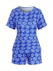 Casual Pajamas Set Women's Allover Print Tee & Shorts