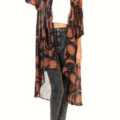 Sun & Moon Print Batwing Loose Cover Up Soft Chiffon Kimono