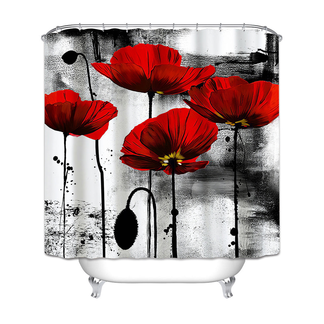 Red Poppy Shower Curtain Ink Painting 12 Hooks Waterproof Fabric Bath Decor