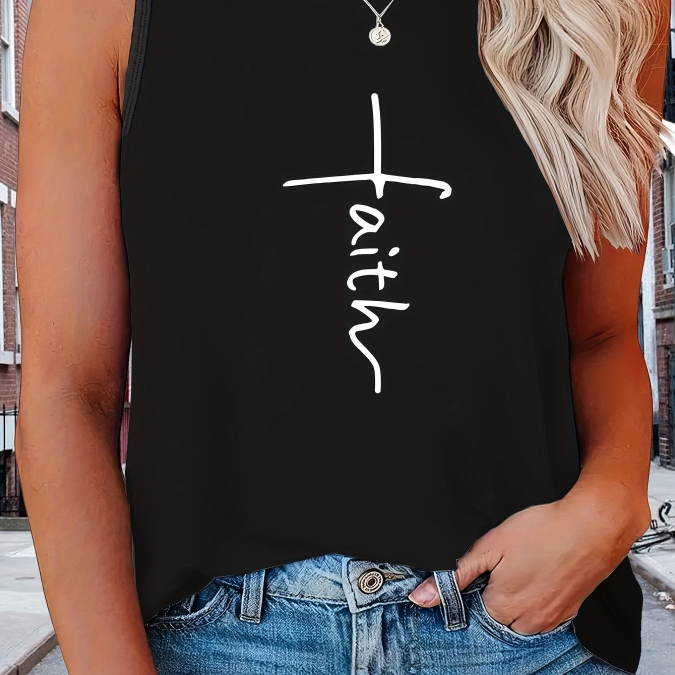 Casual Tank Top Women's Plus Letter Print Round Neck Medium Stretch