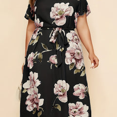 Dress Women's Plus Floral Print Short Sleeve Cut Out