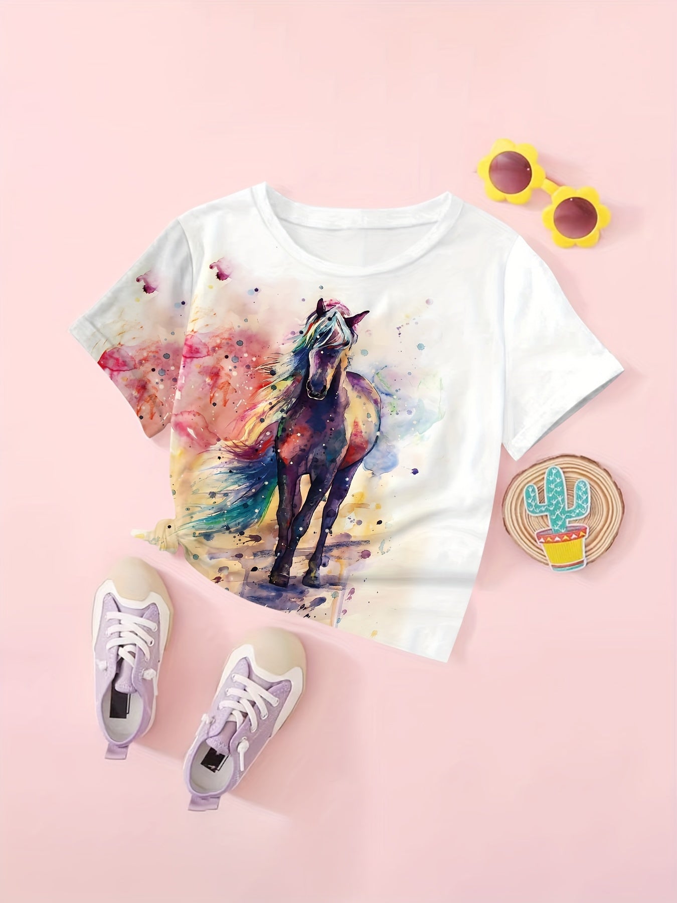 Girls Horse Graphic Tie Dye T-shirt - Summer Clothes Gift
