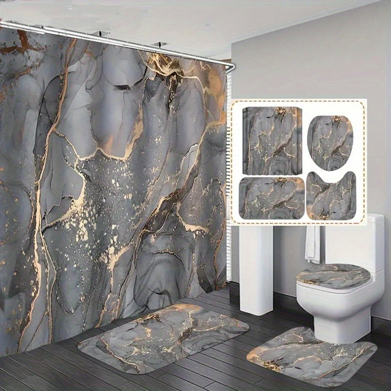 Marble Pattern Bath Rugs & Shower Curtain Set