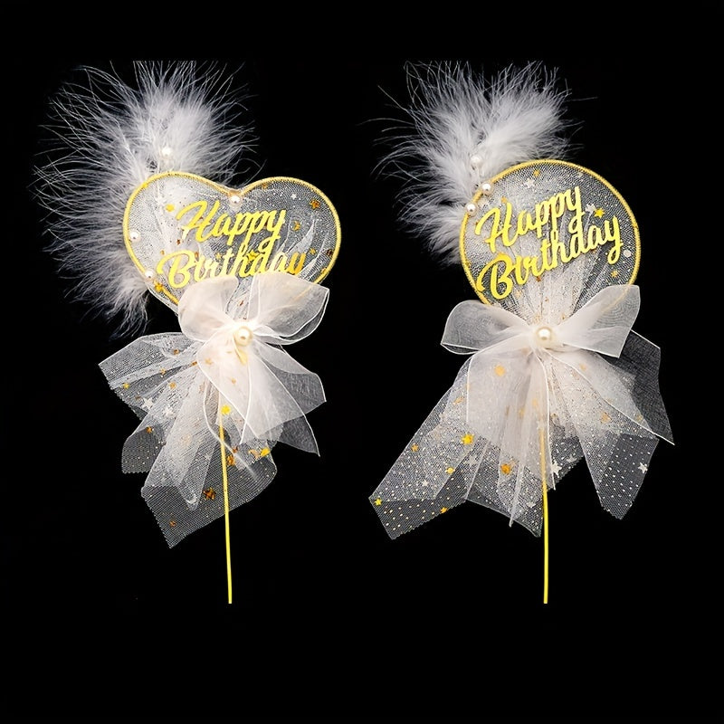 Mesh Bow Pearl Feather Cake Decoration Insert