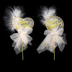 Mesh Bow Pearl Feather Cake Decoration Insert