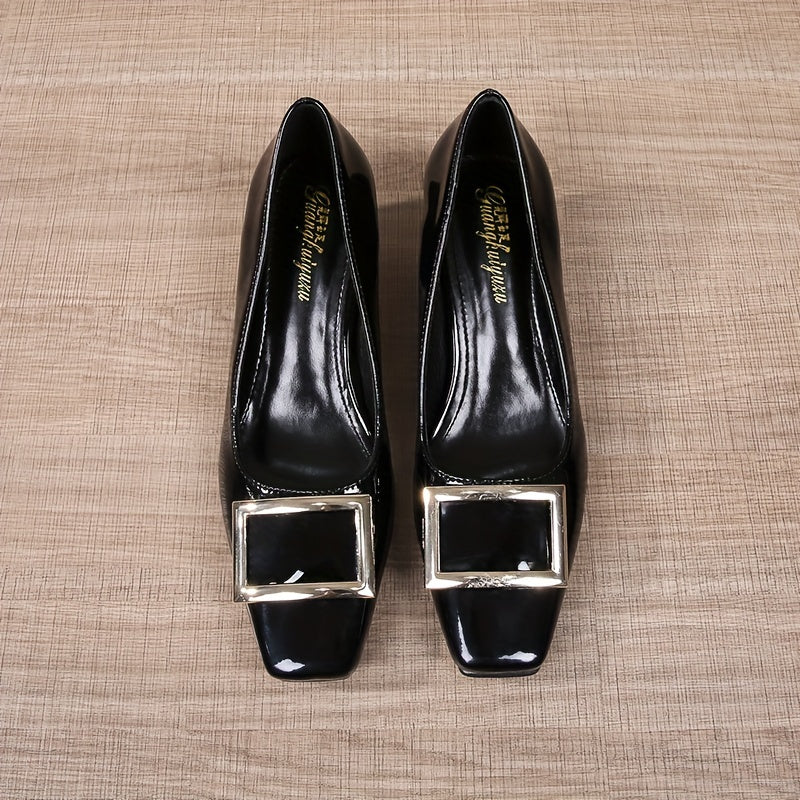 Square Buckle Decor Pumps Patent Leather Chunky Heels