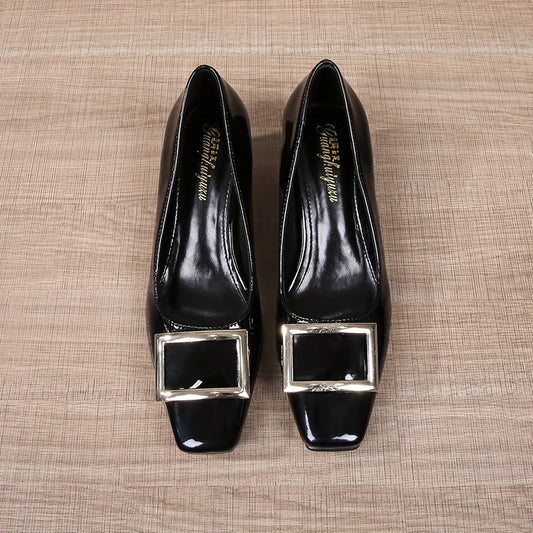 Square Buckle Decor Pumps Patent Leather Chunky Heels