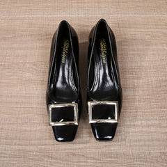 Square Buckle Decor Pumps Patent Leather Chunky Heels