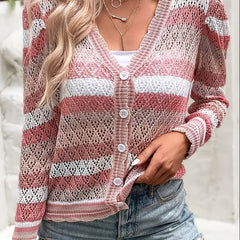 Striped Print Cover Up Shirt V Neck Long Sleeves Knitted Beachwear Cardigan