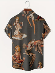 Retro Style Beauty Print Men s Casual Short Sleeve Hawaiian Shirt