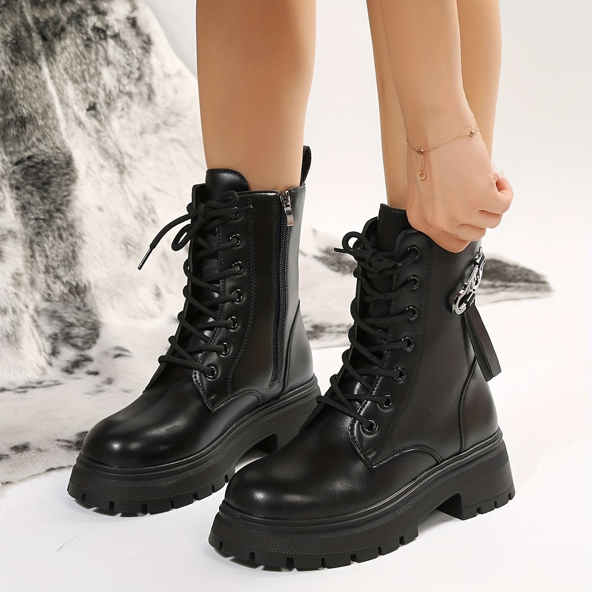 Women's Platform Combat Boots Lace Up Side Zipper Ankle Boots