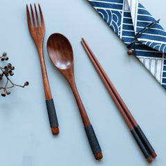 3pcs Japanese Wooden Tableware Spoon Chopsticks Fork Set