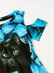 Girls 3D Cat Graphic Dress Short Sleeve Comfy Summery Party Gift