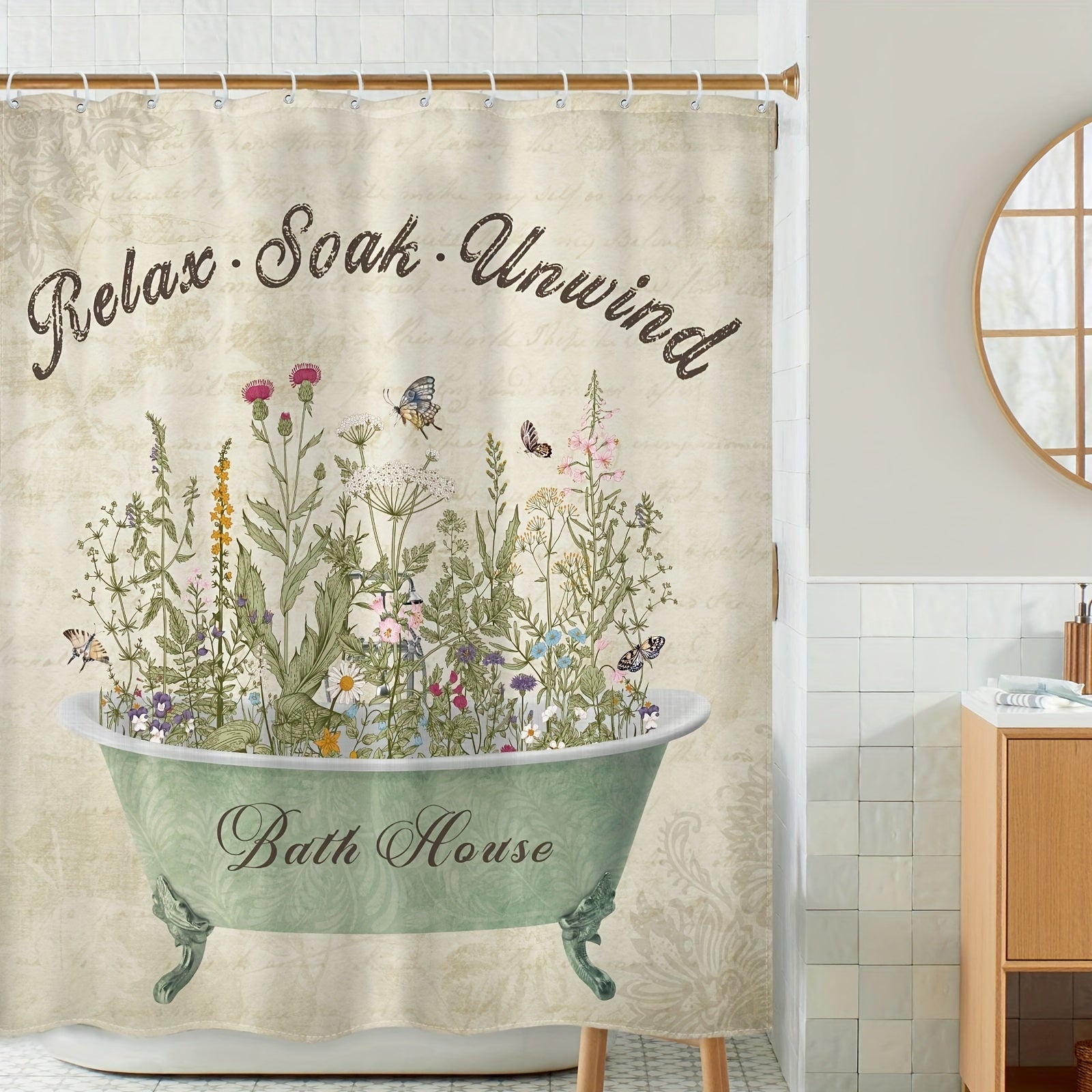 Retro Flower Pattern Shower Curtain 12 Hooks Waterproof Bath Decor