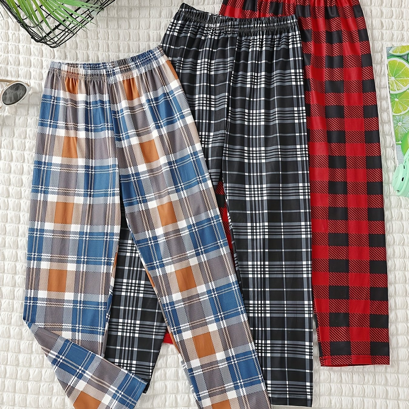 3pcs Boys Casual Plaid Straight Loose Long Pants for Spring & Autumn