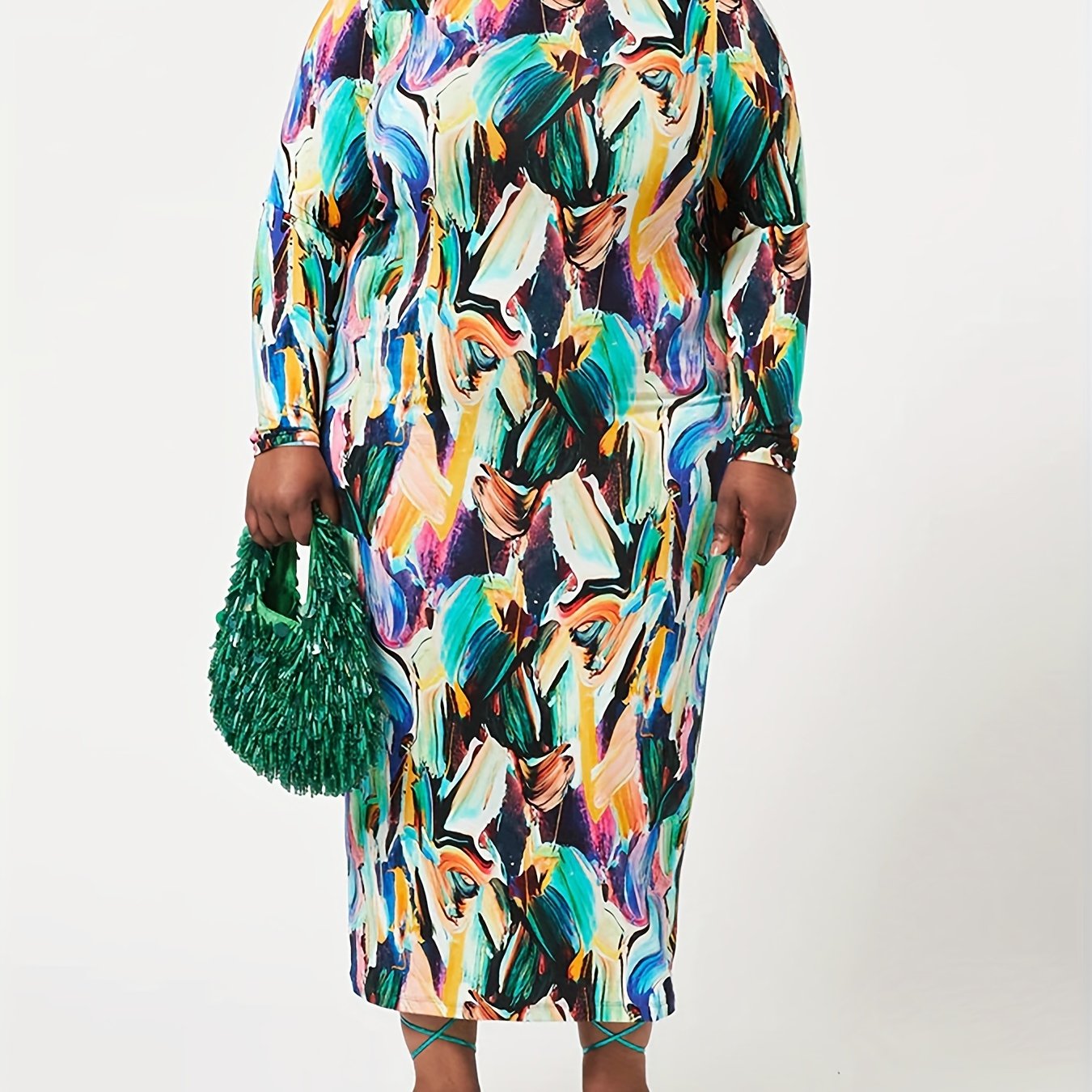 Allover Print Long Sleeve Mock Neck Dress