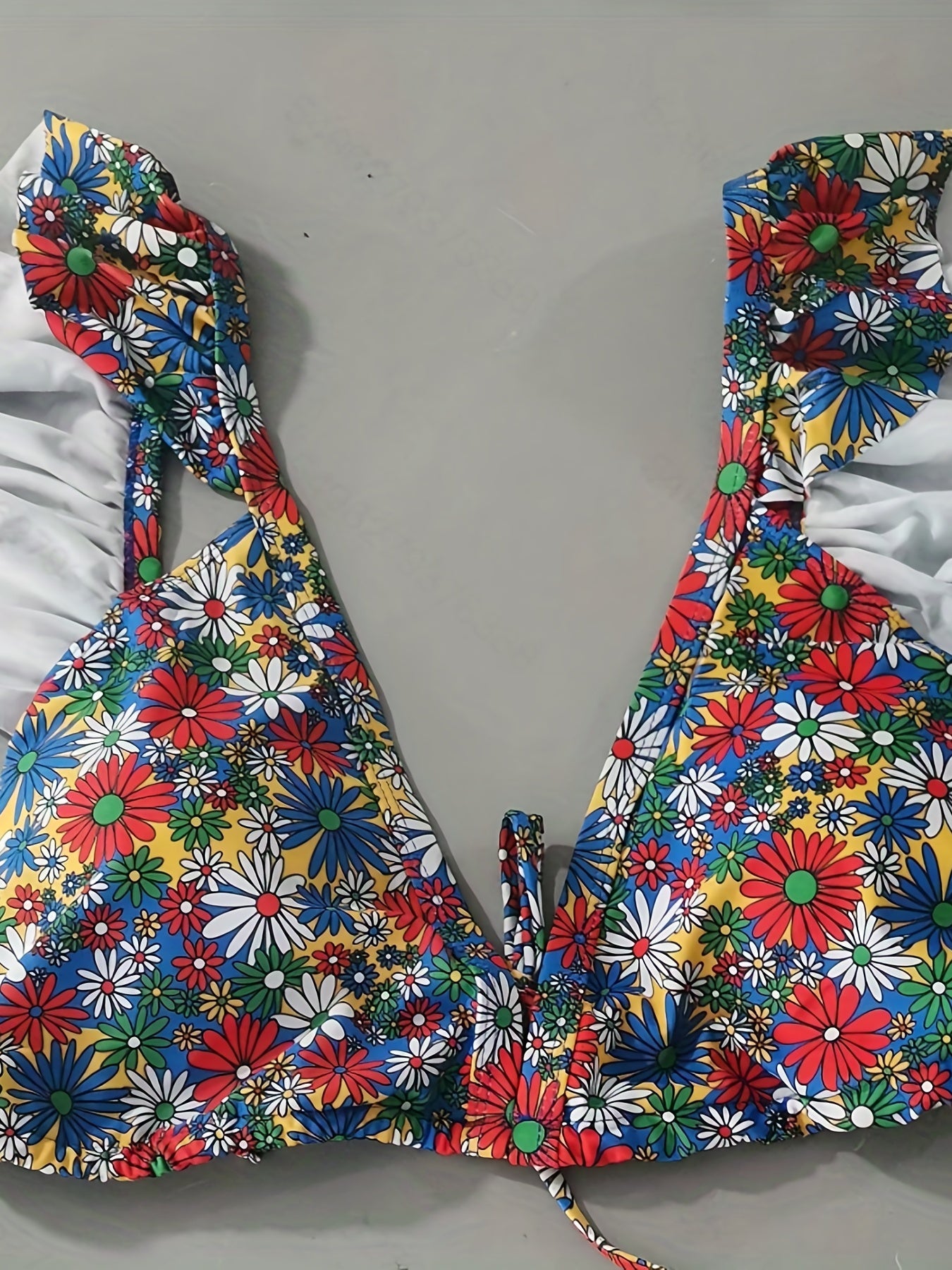 Floral Print Ruffle Trim Backless Plus Size Retro Bikini Set