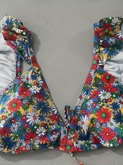 Floral Print Ruffle Trim Backless Plus Size Retro Bikini Set