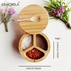 Rotating Bamboo Seasoning Box with Spoon for Spices Sugar Salt Kitchen Gadget