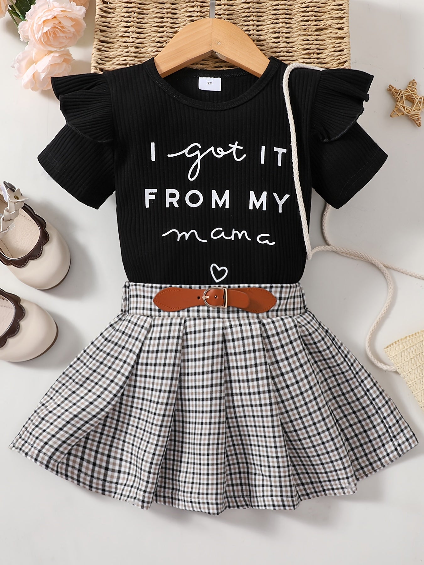Girls T Shirt & Plaid Skirt Set Ruffles Short Sleeves I GOT IT FROM MY MAMA