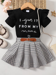 Girls T Shirt & Plaid Skirt Set Ruffles Short Sleeves I GOT IT FROM MY MAMA