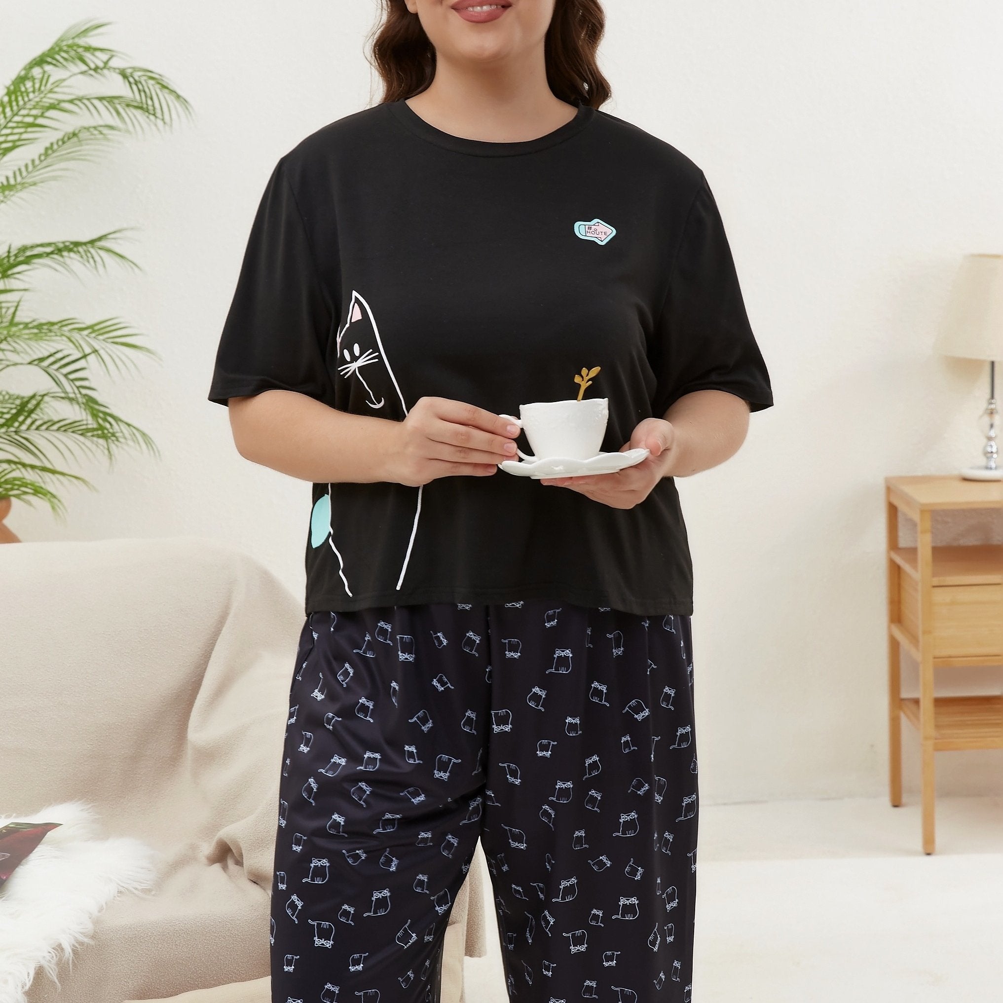 Women's Plus Cat Print Short Sleeve Top & Pants Home Wear Two Piece Set