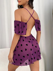 Heart Print Nightdress Deep V Backless Slip Sleep Dress
