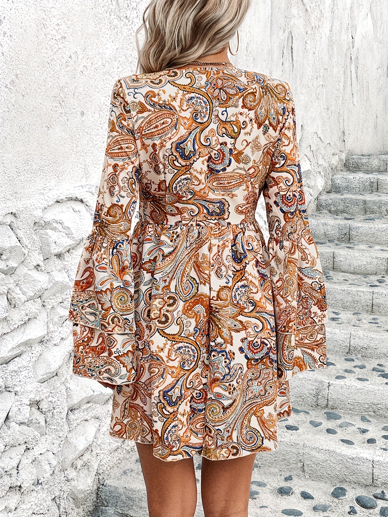 Women's Bohemian Summer Dress Paisley Print Double Flare Sleeve
