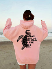 Turtle & Letter Print Kangaroo Pocket Hoodie Long Sleeve Drawstring Hoodies