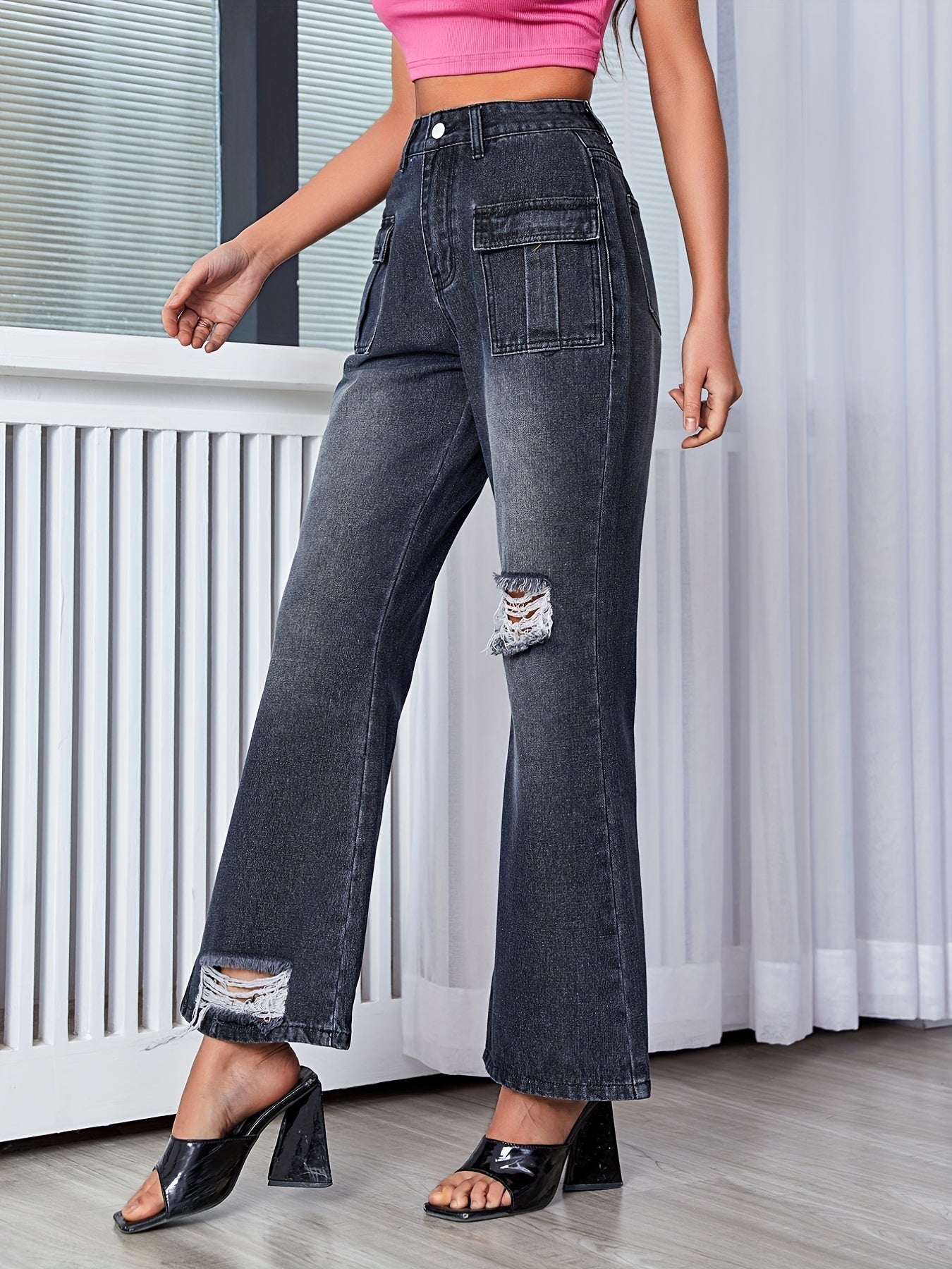 Vintage Style Distressed Dark Grey Flare Leg Denim Pants