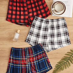 3pcs Plaid Sleep Bottoms Soft & Comfy Elastic Waistband Shorts Women's Sleepwear