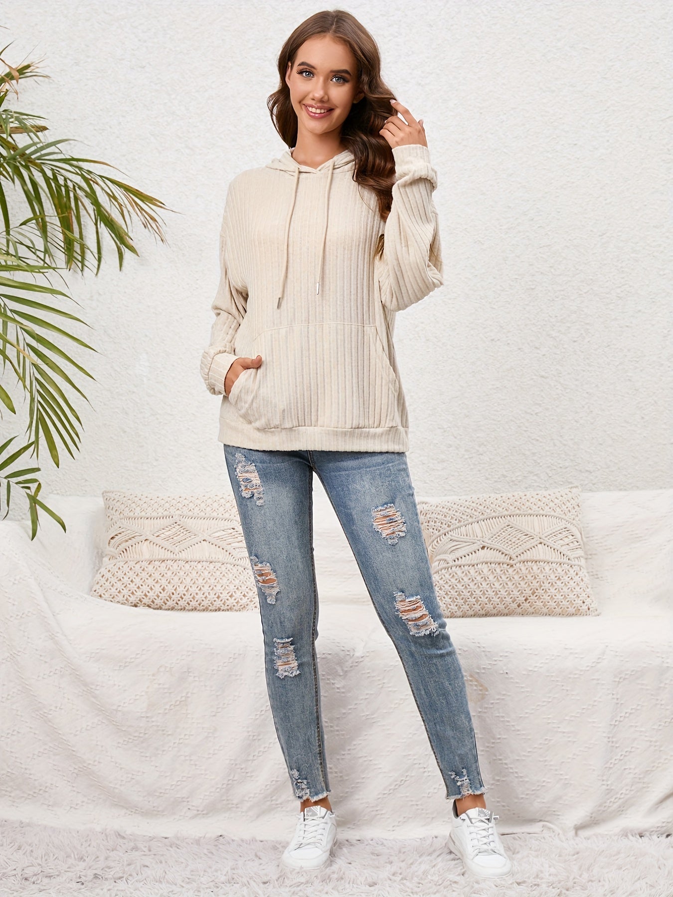 Ribbed Kangaroo Pocket Hoodie Long Sleeve Women's Sweatshirt