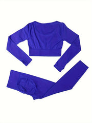 2pcs Solid Yoga Sports Sets Long Sleeve Crop Top & Leggings Women's Activewear