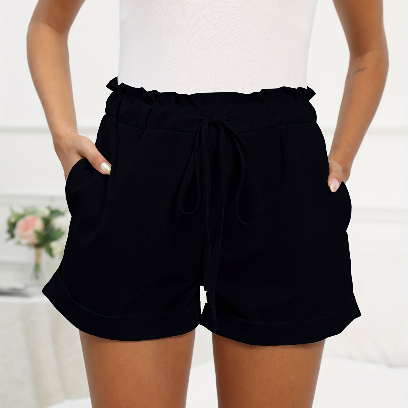 Elastic Drawstring High Rise Roll Up Shorts