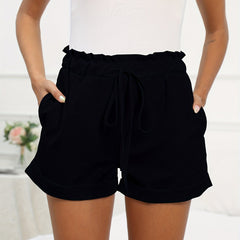 Elastic Drawstring High Rise Roll Up Shorts