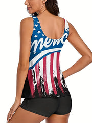 Independence Swimsuit Set Flag Print V Neck Tie Front Tank Top & Short
