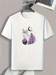 Cat & Skull Pattern T shirt For Men Short Sleeve Top Casual Tee Men's Clothes