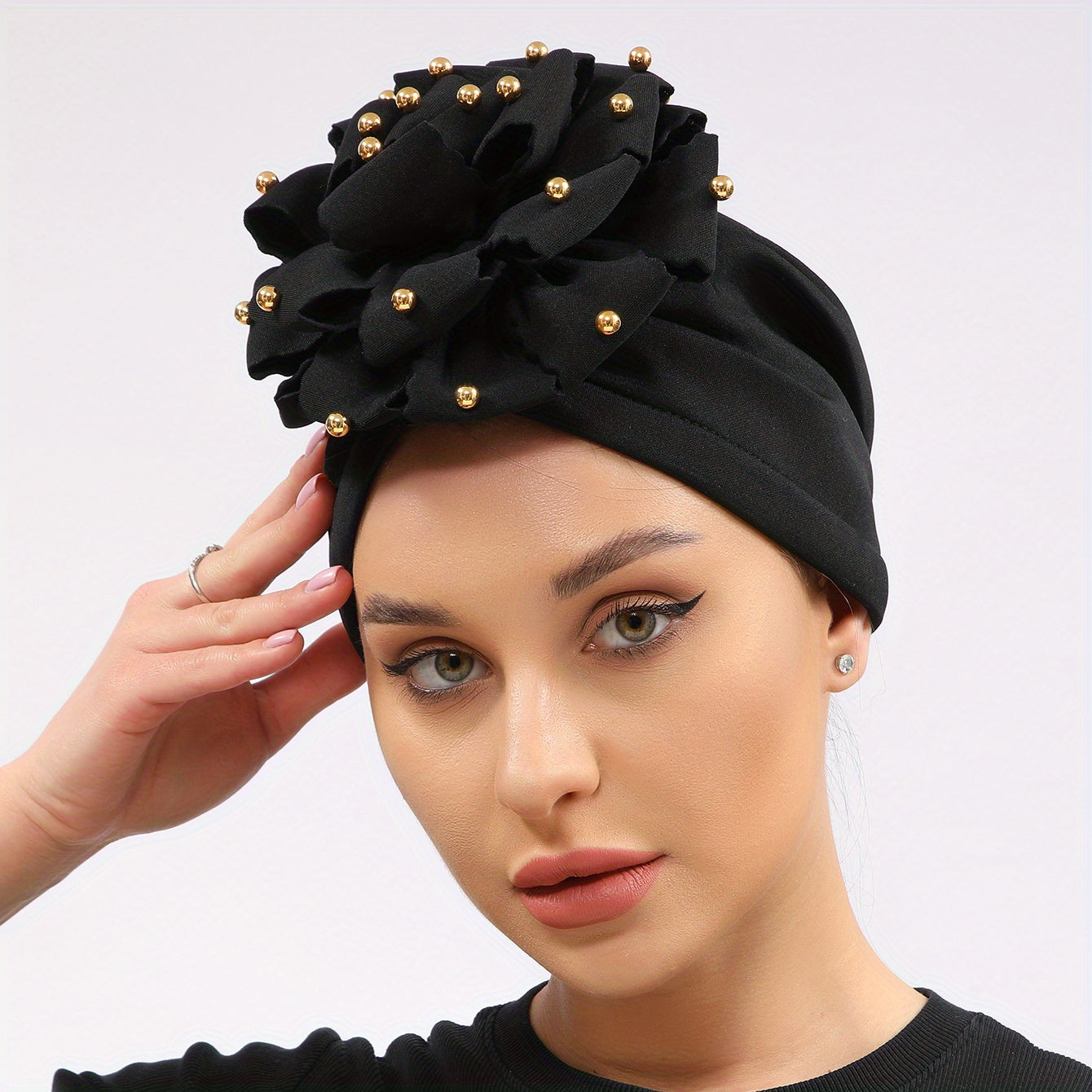 Golden Beads Flower Turban Head Scarf Elastic Beanie Cap