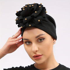 Golden Beads Flower Turban Head Scarf Elastic Beanie Cap