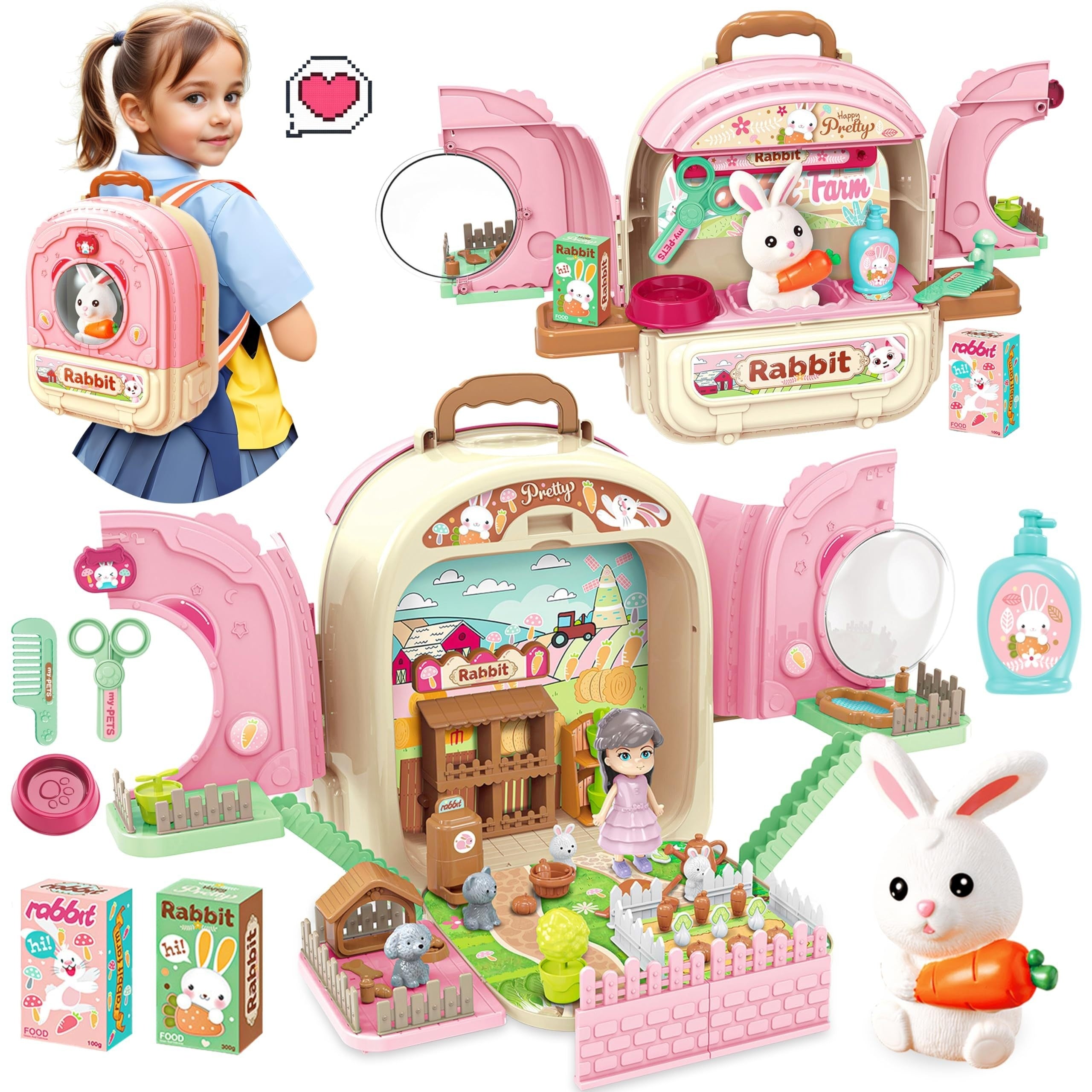 Pet Backpack Playset Boys Girls Bunny Kitten Role Playing Accessories
