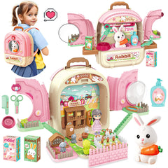Pet Backpack Playset Boys Girls Bunny Kitten Role Playing Accessories