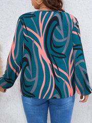 Stripe & Dot Print Lantern Sleeve V Neck Top