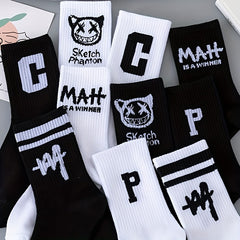 10 Pairs Letter Print Socks Women's Comfy Breathable Sports Mid Tube Stockings