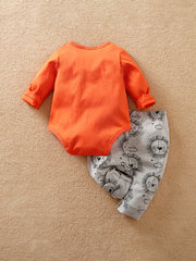 2pcs Baby Boys Lion Print Long Sleeve Onesie & Pants Set